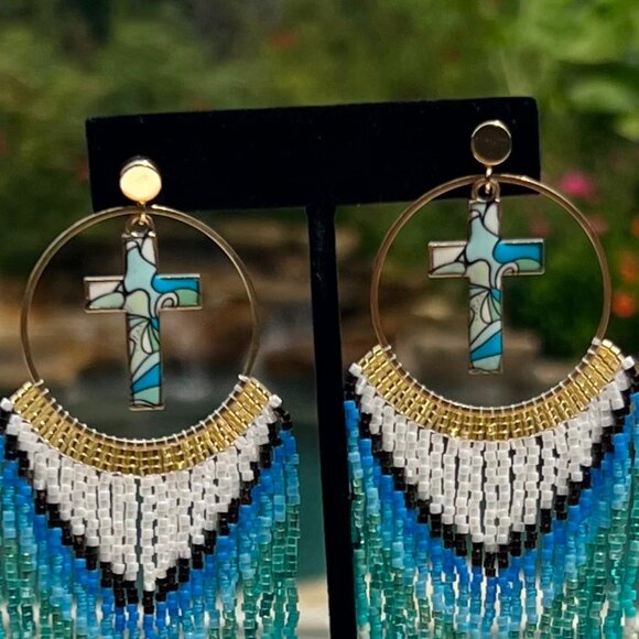 Handmade Beaded Long Faith Fringe Cross Dangle Drop Lightweight Post Earrings - Picture 9 of 11